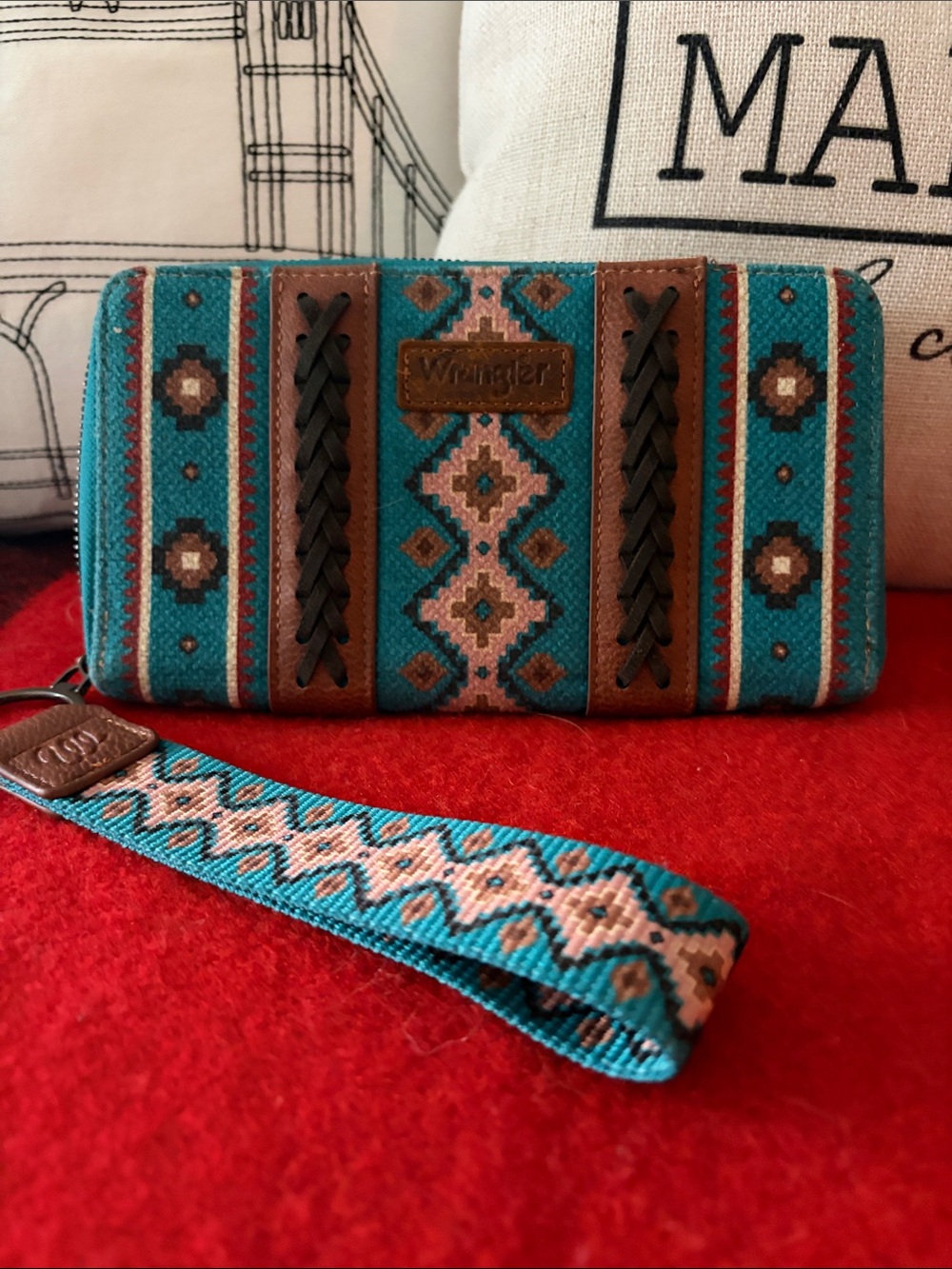 Wrangler Southwestern / Aztec Canvas Zip-Around Wristlet Wallet (Turquoise/Brown